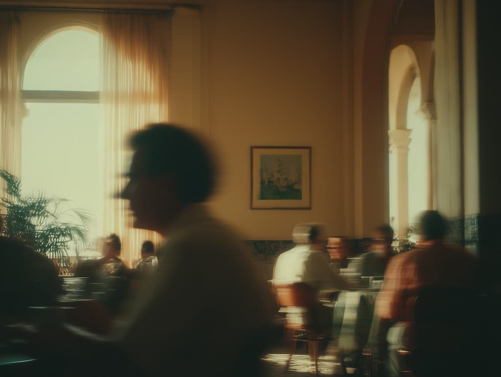 People moving through a warm, busy café