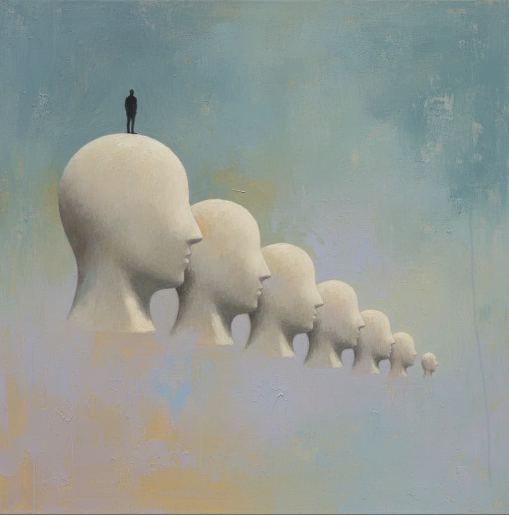 A receding row of stone heads with a small figure standing on the nearest one