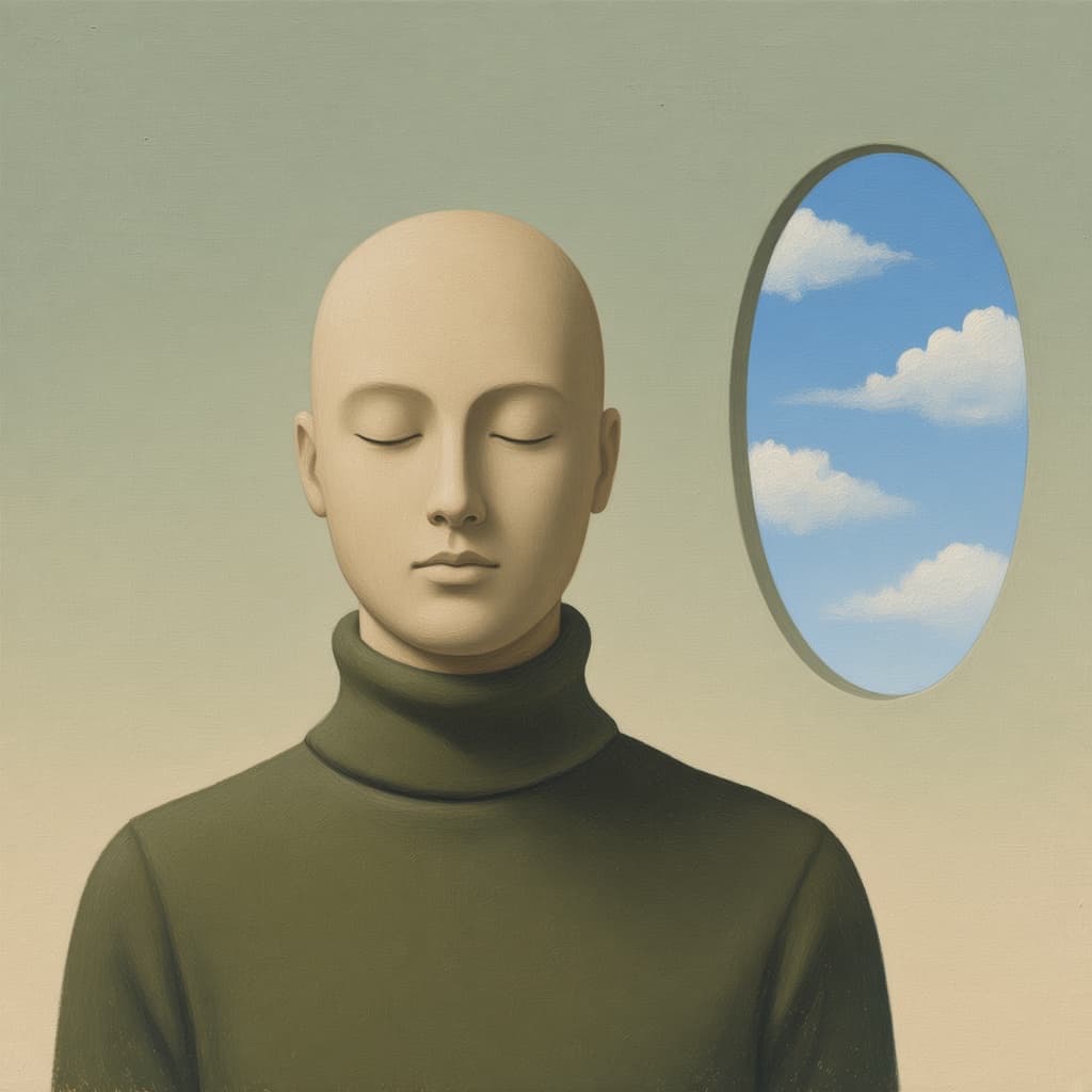 A figure in a turtleneck with closed eyes, beside an oval window of blue sky and clouds
