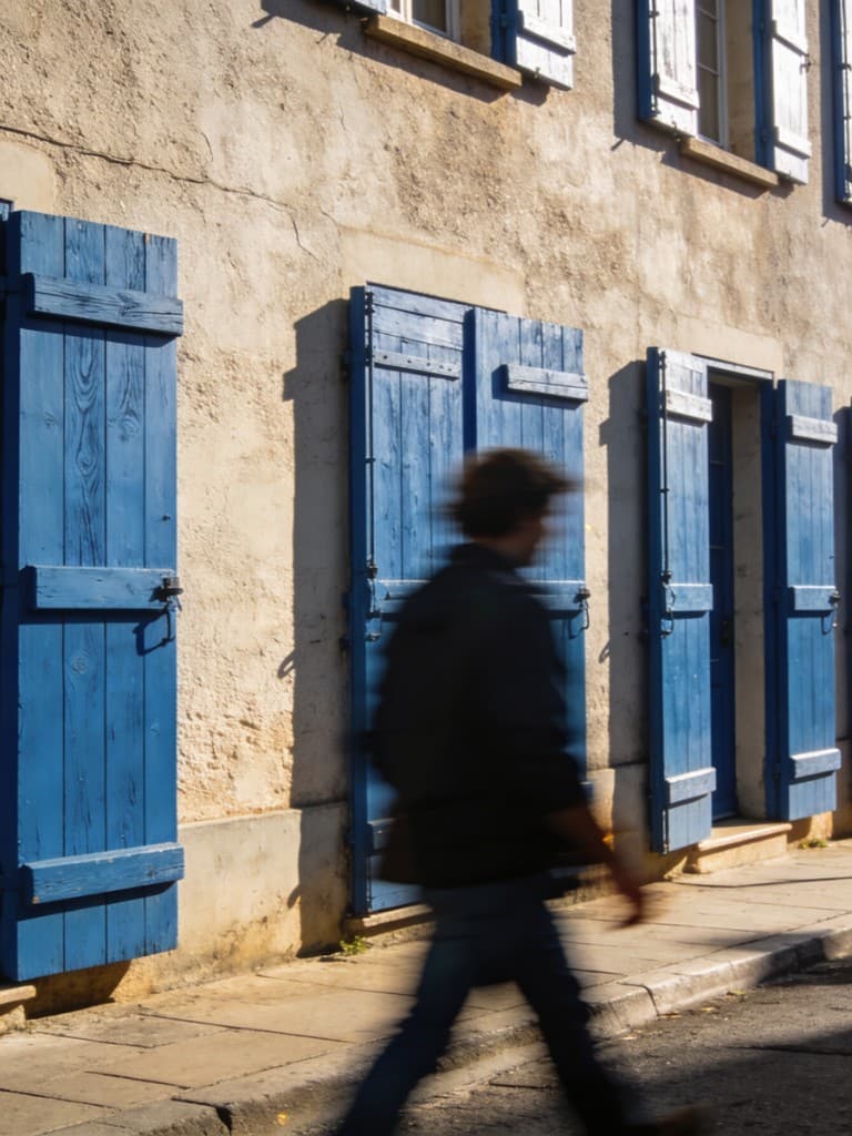 A person walking past a sunlit facade with blue shutters